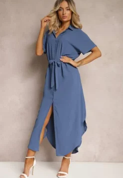 Granatowa Koszulowa Sukienka z Wiskozy z Materiałowym Paskiem w Talii Gialara