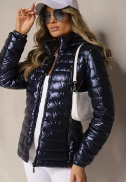 Granatowa Kurtka Ozdobiona Pikowaniem z Odpinanym Kapturem Mivvera