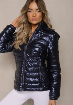 Granatowa Kurtka Ozdobiona Pikowaniem z Odpinanym Kapturem Mivvera