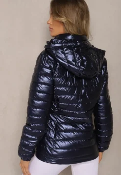 Granatowa Kurtka Ozdobiona Pikowaniem z Odpinanym Kapturem Mivvera