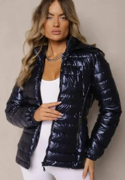 Granatowa Kurtka Ozdobiona Pikowaniem z Odpinanym Kapturem Mivvera