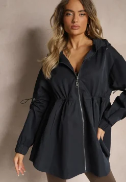 Granatowa Kurtka Parka Ściagana w Pasie Troczkami z Kapturem Evisanale