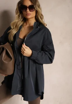 Granatowa Kurtka Parka Ściagana w Pasie Troczkami z Kapturem Evisanale