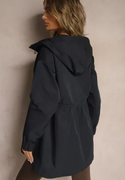 Granatowa Kurtka Parka Ściagana w Pasie Troczkami z Kapturem Evisanale