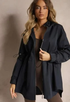 Granatowa Kurtka Parka Ściagana w Pasie Troczkami z Kapturem Evisanale