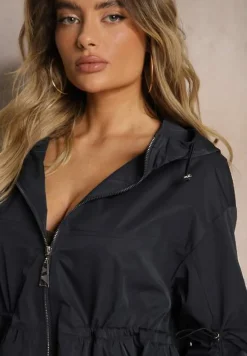 Granatowa Kurtka Parka Ściagana w Pasie Troczkami z Kapturem Evisanale