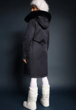 Granatowa Kurtka Płaszcz ze Ściągaczem i Kapturem z Ozdobnym Futerkiem Livieya