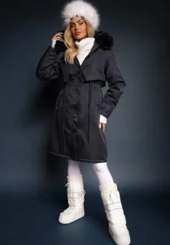 Granatowa Kurtka Płaszcz ze Ściągaczem i Kapturem z Ozdobnym Futerkiem Livieya