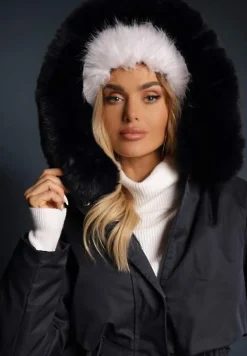 Granatowa Kurtka Płaszcz ze Ściągaczem i Kapturem z Ozdobnym Futerkiem Livieya