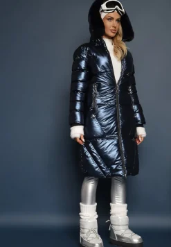 Granatowa Kurtka Pikowana z Futerkiem i Kapturem Asmina