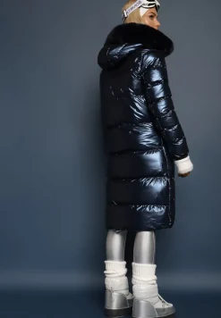 Granatowa Kurtka Pikowana z Futerkiem i Kapturem Asmina