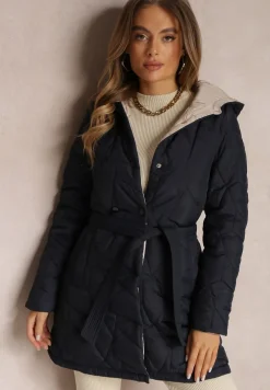 Granatowa Kurtka Pikowana z Paskiem Dwurzędowa Vandend