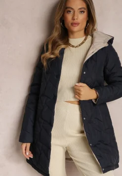 Granatowa Kurtka Pikowana z Paskiem Dwurzędowa Vandend