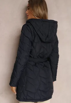 Granatowa Kurtka Pikowana z Paskiem Dwurzędowa Vandend