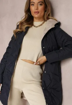 Granatowa Kurtka Pikowana z Paskiem Dwurzędowa Vandend