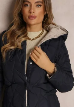 Granatowa Kurtka Pikowana z Paskiem Dwurzędowa Vandend