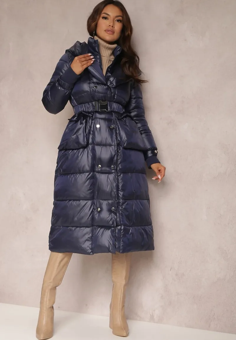 Granatowa Kurtka Pikowana Długa Dudlat