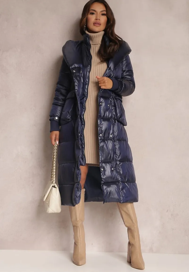 Granatowa Kurtka Pikowana Długa Dudlat