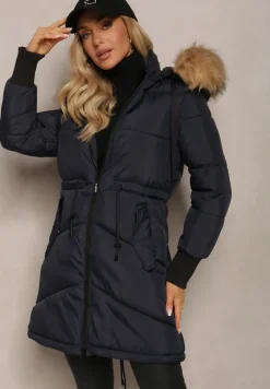 Granatowa Kurtka Taliowana z Kapturem i Odpinanymi Rękawami Raga