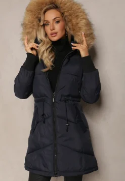 Granatowa Kurtka Taliowana z Kapturem i Odpinanymi Rękawami Raga