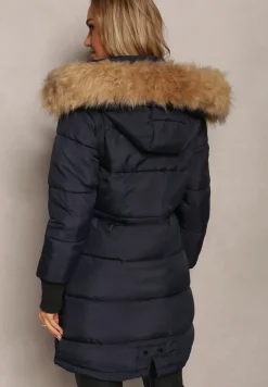 Granatowa Kurtka Taliowana z Kapturem i Odpinanymi Rękawami Raga