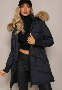 Granatowa Kurtka Taliowana z Kapturem i Odpinanymi Rękawami Raga