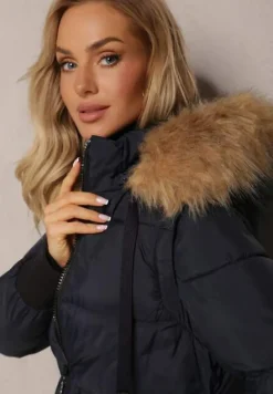 Granatowa Kurtka Taliowana z Kapturem i Odpinanymi Rękawami Raga