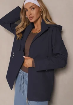 Granatowa Kurtka w Stylu Wiatrówki z Odpinanym Kapturem Ndivena