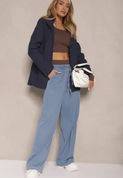 Granatowa Kurtka w Stylu Wiatrówki z Odpinanym Kapturem Ndivena