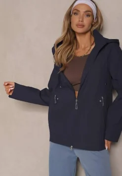 Granatowa Kurtka w Stylu Wiatrówki z Odpinanym Kapturem Ndivena