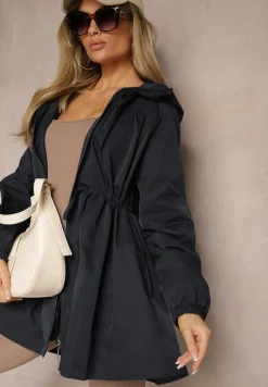 Granatowa Kurtka w Stylu Parki Wiązana w Pasie Nevithia