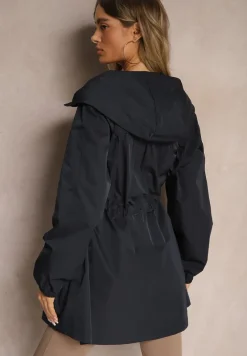 Granatowa Kurtka w Stylu Parki Wiązana w Pasie Nevithia