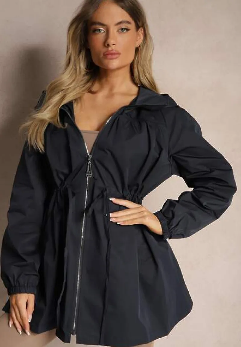 Granatowa Kurtka w Stylu Parki Wiązana w Pasie Nevithia