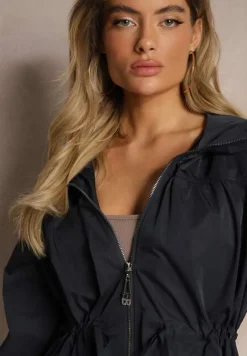 Granatowa Kurtka w Stylu Parki Wiązana w Pasie Nevithia