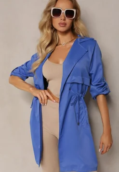 Granatowa Kurtka w Stylu Parki z Troczkiem w Talii i Wywiniętym Kołnierzykiem Vetaipa