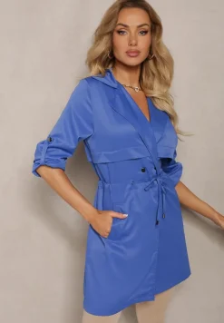 Granatowa Kurtka w Stylu Parki z Troczkiem w Talii i Wywiniętym Kołnierzykiem Vetaipa