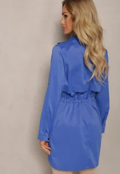 Granatowa Kurtka w Stylu Parki z Troczkiem w Talii i Wywiniętym Kołnierzykiem Vetaipa