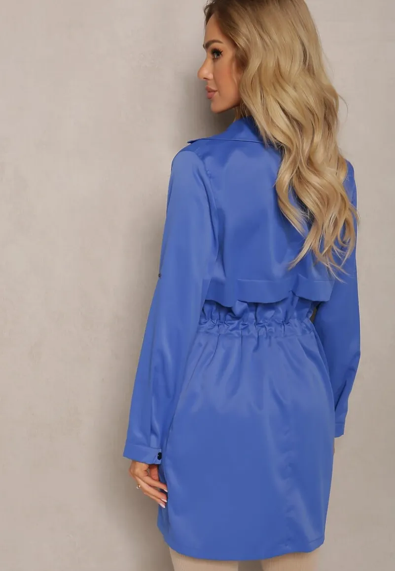 Granatowa Kurtka w Stylu Parki z Troczkiem w Talii i Wywiniętym Kołnierzykiem Vetaipa