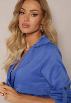 Granatowa Kurtka w Stylu Parki z Troczkiem w Talii i Wywiniętym Kołnierzykiem Vetaipa