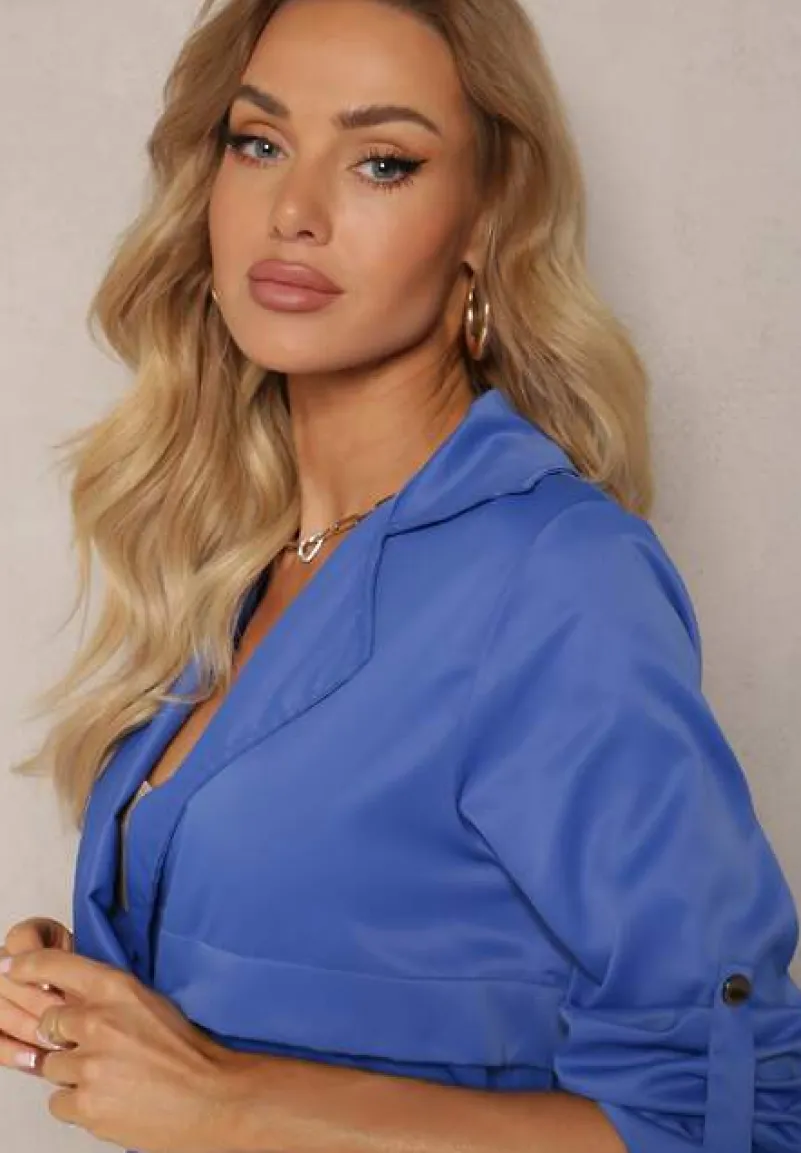 Granatowa Kurtka w Stylu Parki z Troczkiem w Talii i Wywiniętym Kołnierzykiem Vetaipa