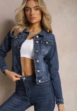 Granatowa Kurtka z Jeansu na Guziki z Kieszeniami z Klapą Merlla