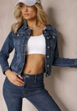 Granatowa Kurtka z Jeansu na Guziki z Kieszeniami z Klapą Merlla