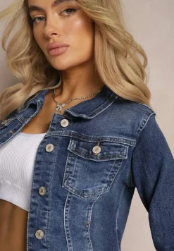 Granatowa Kurtka z Jeansu na Guziki z Kieszeniami z Klapą Merlla