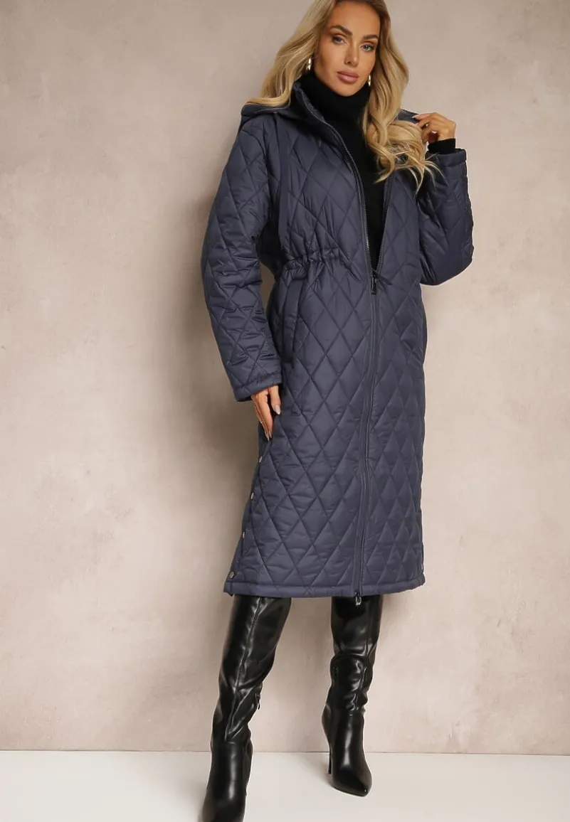 Granatowa Kurtka z Pikowanymi Przeszyciami w Kratkę oraz Wewnętrznymi Ściągaczami w Pasie Tiliona