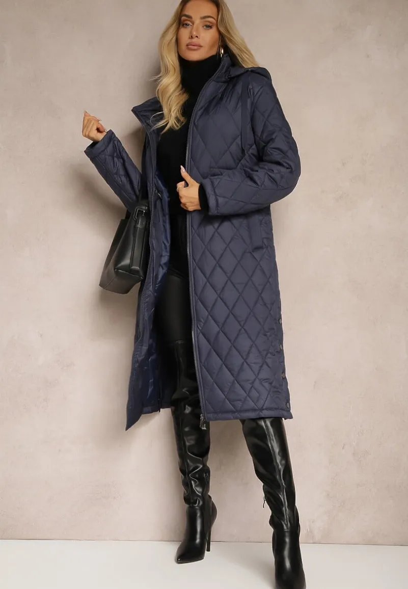 Granatowa Kurtka z Pikowanymi Przeszyciami w Kratkę oraz Wewnętrznymi Ściągaczami w Pasie Tiliona