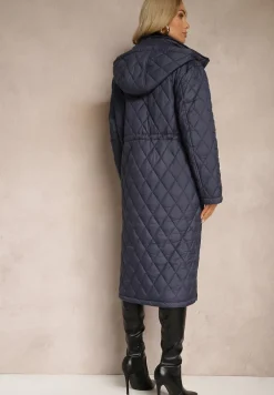 Granatowa Kurtka z Pikowanymi Przeszyciami w Kratkę oraz Wewnętrznymi Ściągaczami w Pasie Tiliona