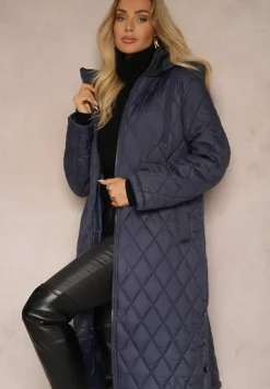 Granatowa Kurtka z Pikowanymi Przeszyciami w Kratkę oraz Wewnętrznymi Ściągaczami w Pasie Tiliona