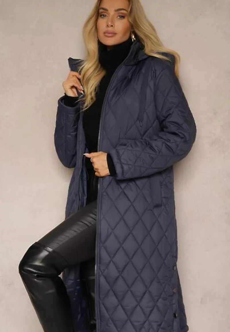 Granatowa Kurtka z Pikowanymi Przeszyciami w Kratkę oraz Wewnętrznymi Ściągaczami w Pasie Tiliona