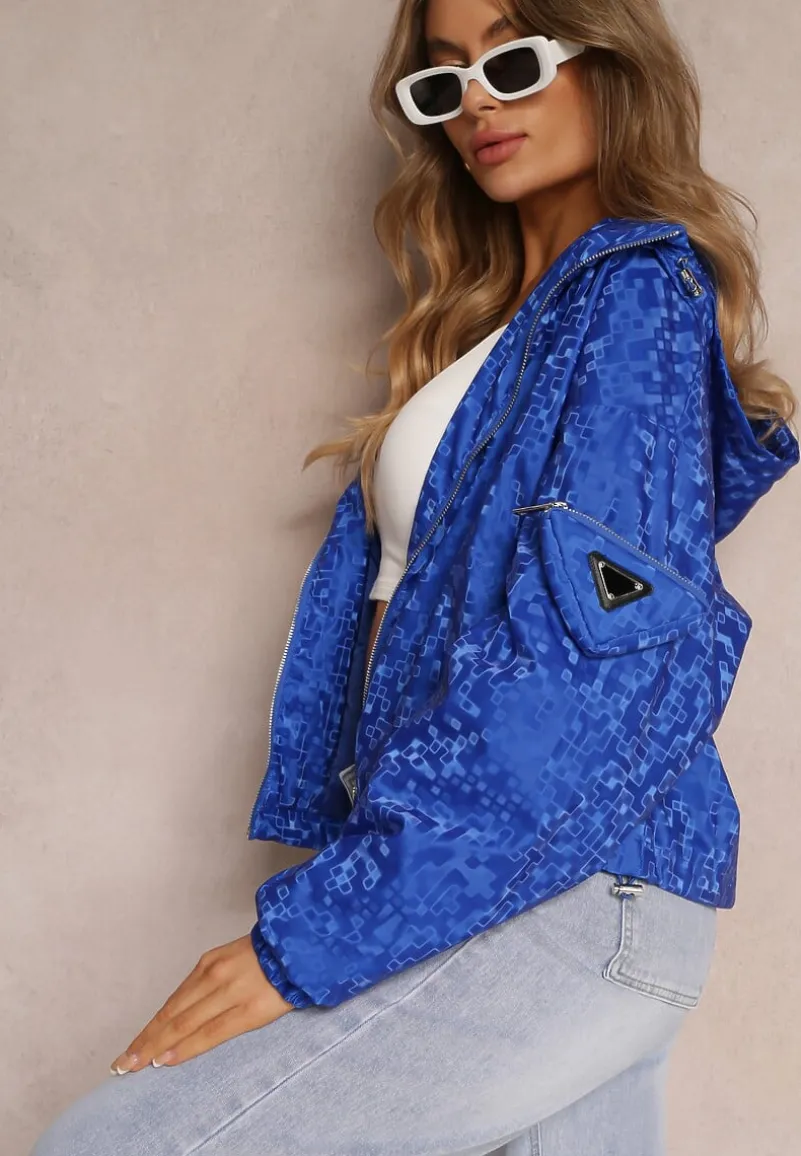 Granatowa Kurtka z Zasuwaną Kieszonką na Rękawie i Nieodpinanym Kapturem Evarria