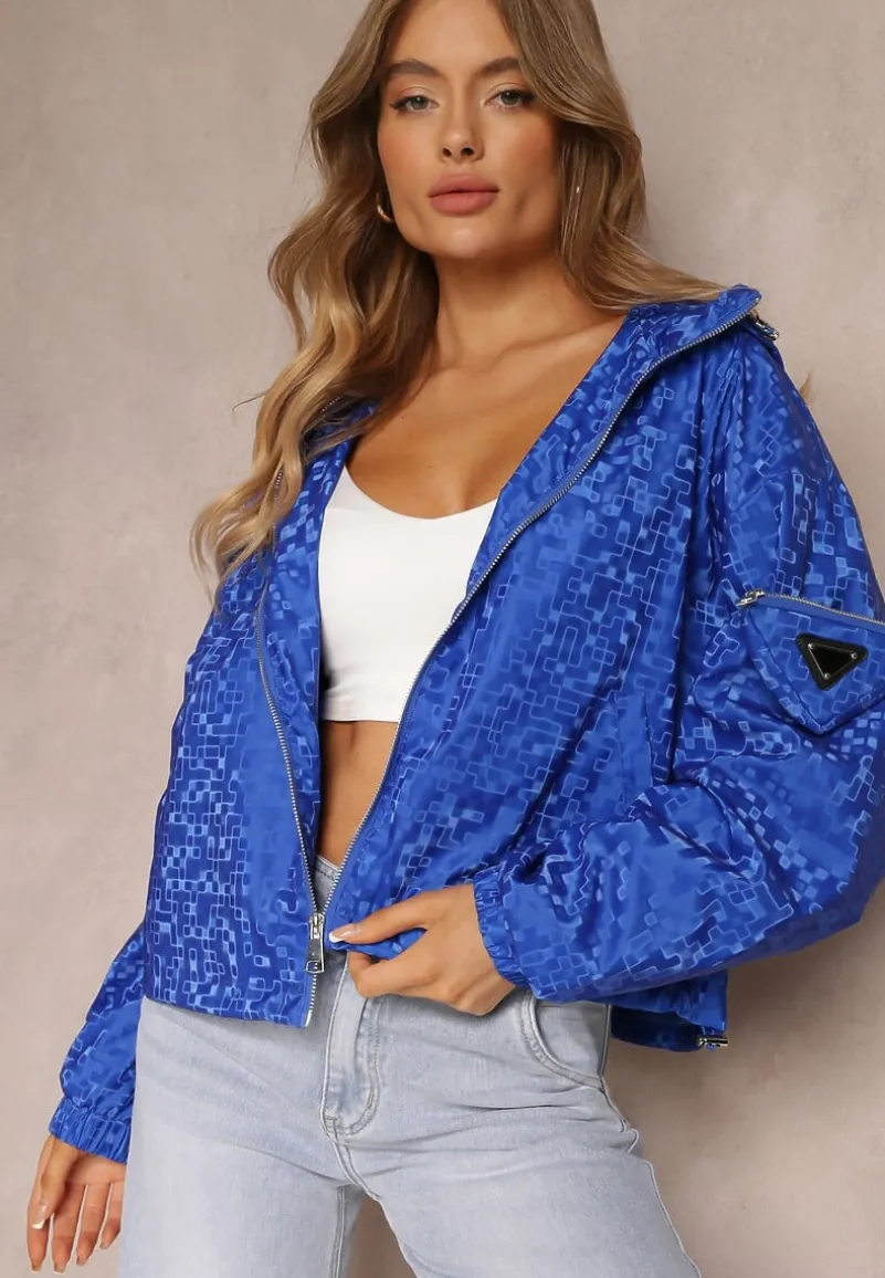 Granatowa Kurtka z Zasuwaną Kieszonką na Rękawie i Nieodpinanym Kapturem Evarria